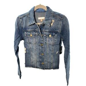 KUT Women's Distressed Blue Jean Jacket, Denim Jacket, Fringed Hem, Size XS, NEW